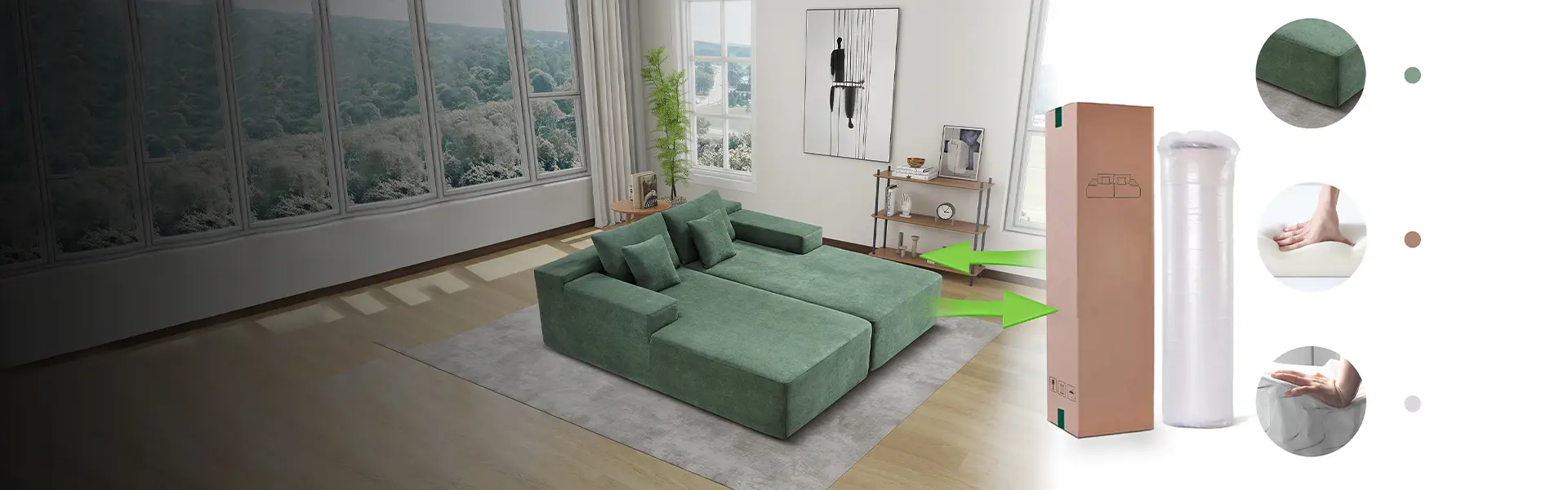 Compressing a lounge sofa bed with built-in pocket springs into a box